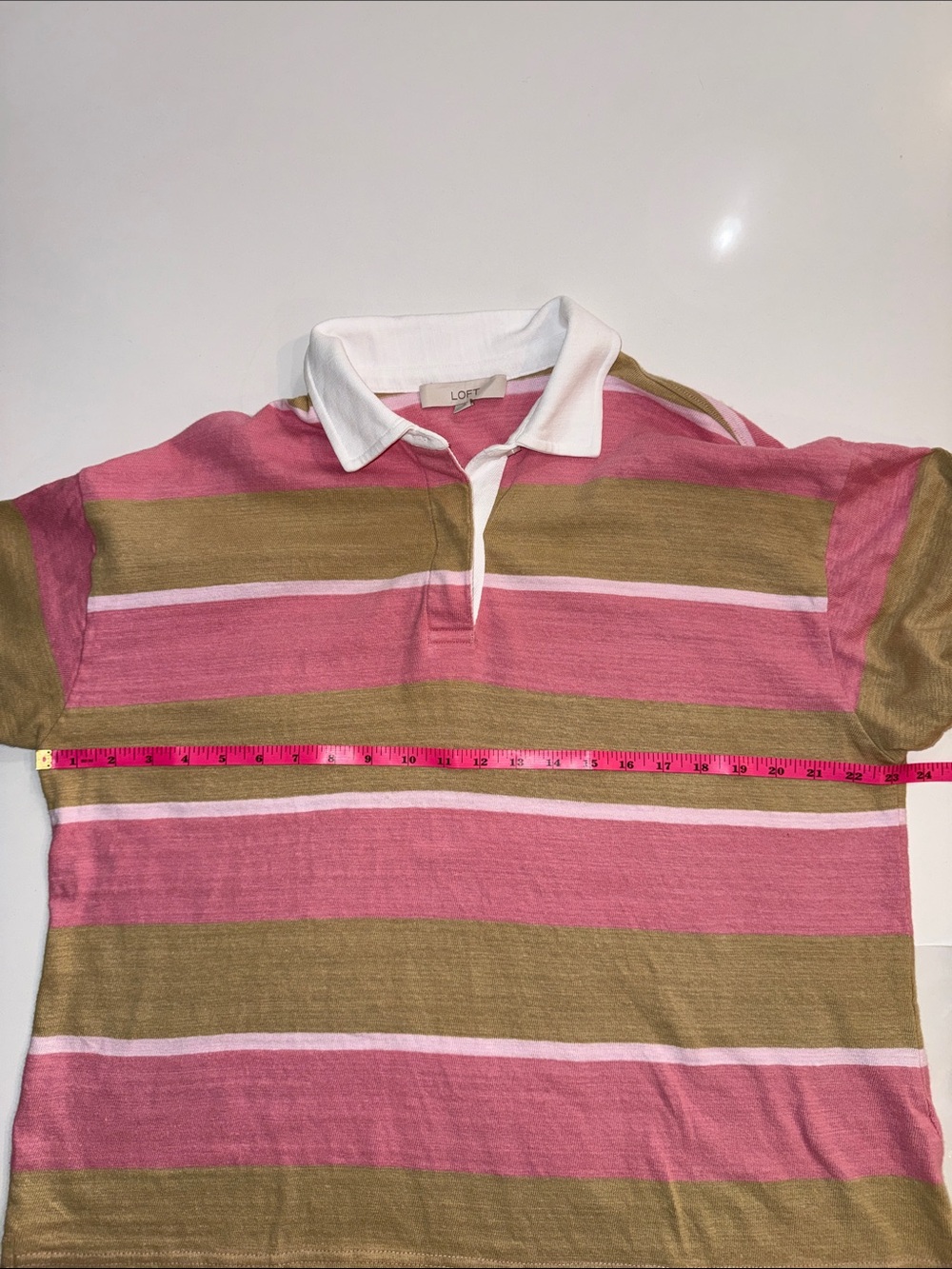 LOFT Pink and Tan Rugby Stripe Polo Top | Size L - Picture 9 of 10